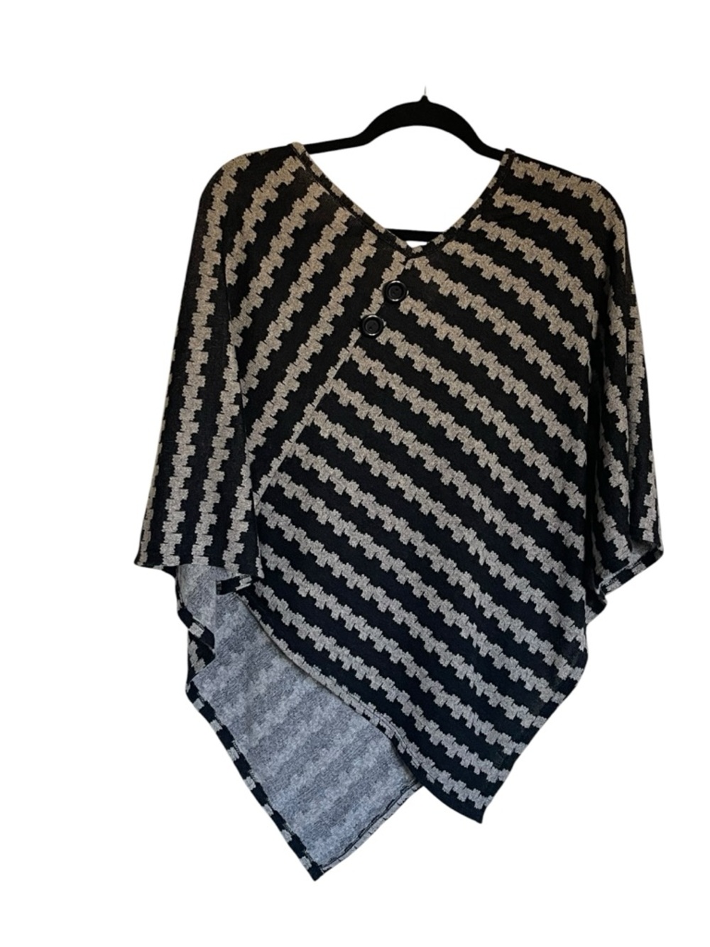 Black & Gray Striped Knit Poncho with Button Detail